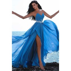 Affordable Blue Sweetheart Evening Dresses Crystals Side Slit Prom Party Gowns