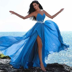 Affordable Blue Sweetheart Evening Dresses Crystals Side Slit Prom Party Gowns