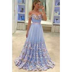 Gorgeous New in Off-the-Shoulder Evening Dresses Tulle Flowers Open Back Prom Party Gowns