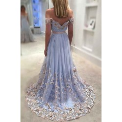 Gorgeous New in Off-the-Shoulder Evening Dresses Tulle Flowers Open Back Prom Party Gowns