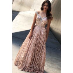 Rose Gold Sequins Evening Dresses |Off-the-Shoulder Chic Bling-bling Prom Party Gowns