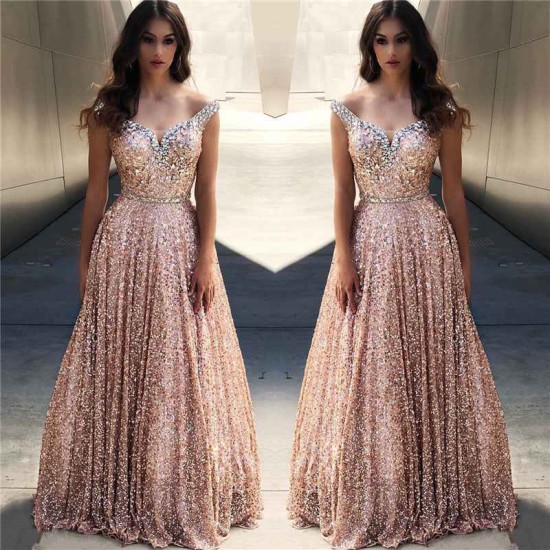 Rose Gold Sequins Evening Dresses |Off-the-Shoulder Chic Bling-bling Prom Party Gowns