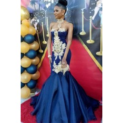 Chic Navy Blue Mermaid Prom Dresses High Neck Appliques Evening Dresses