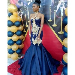 Chic Navy Blue Mermaid Prom Dresses High Neck Appliques Evening Dresses