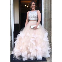 Simple Shining Sequins Jewel Sheer Prom Dresses Two Piece Sleeveless Chic Evening Dresses