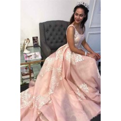 Gorgeous Pink Applique Straps Prom Dresses Ruffle Sleeveless Chic Evening Dresses