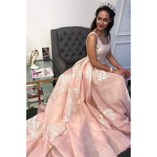 Gorgeous Pink Applique Straps Prom Dresses Ruffle Sleeveless Chic Evening Dresses