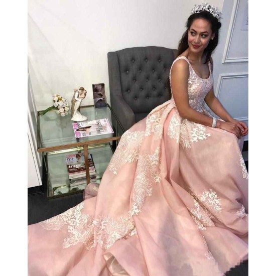 Gorgeous Pink Applique Straps Prom Dresses Ruffle Sleeveless Chic Evening Dresses