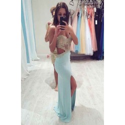 Simple Shining Sequins Applique Prom Dresses Side slit Mermaid Sleeveless Chic Evening Dresses