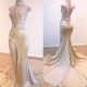 Crystal Halter Side Slit Prom Dresses A-Line Backless Sleeveless Evening Dresses