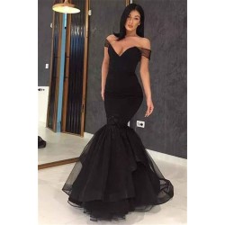 Alluring Black Off-the-Shoulder Applique Prom Dresses Ruffles Chic Mermaid Evening Dresses