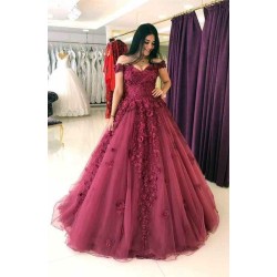 Delicate Off-the-shoulder Lace Appliques A-line Burgundy Evening Gown