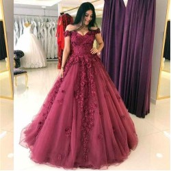 Delicate Off-the-shoulder Lace Appliques A-line Burgundy Evening Gown