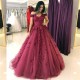 Delicate Off-the-shoulder Lace Appliques A-line Burgundy Evening Gown