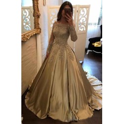 A-Line Evening Dresses Bateau Neck Long Sleevess Lace Appliques Prom Dresses