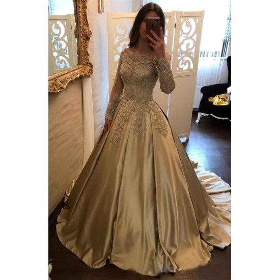 A-Line Evening Dresses Bateau Neck Long Sleevess Lace Appliques Prom Dresses