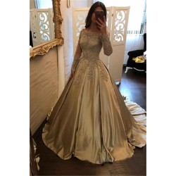 A-Line Evening Dresses Bateau Neck Long Sleevess Lace Appliques Prom Dresses