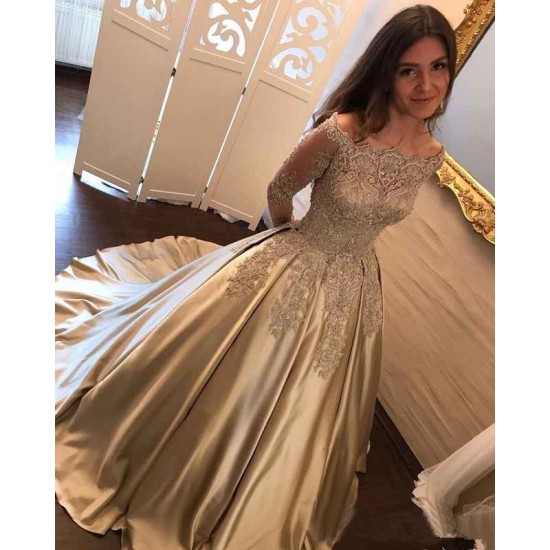 A-Line Evening Dresses Bateau Neck Long Sleevess Lace Appliques Prom Dresses