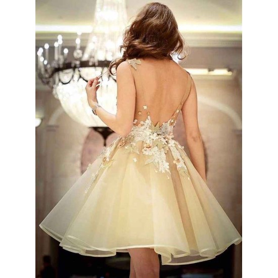 Gorgeous A-Line Flowers Homecoming Dresses Sleeveless Open Back Short Hoco Dress
