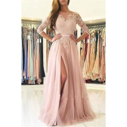 Gorgeous Applique Long Sleevess Prom Dresses Open Back Jewel Side Slit Evening Dresses with Belt