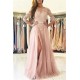 Gorgeous Applique Long Sleevess Prom Dresses Open Back Jewel Side Slit Evening Dresses with Belt