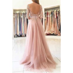 Gorgeous Applique Long Sleevess Prom Dresses Open Back Jewel Side Slit Evening Dresses with Belt