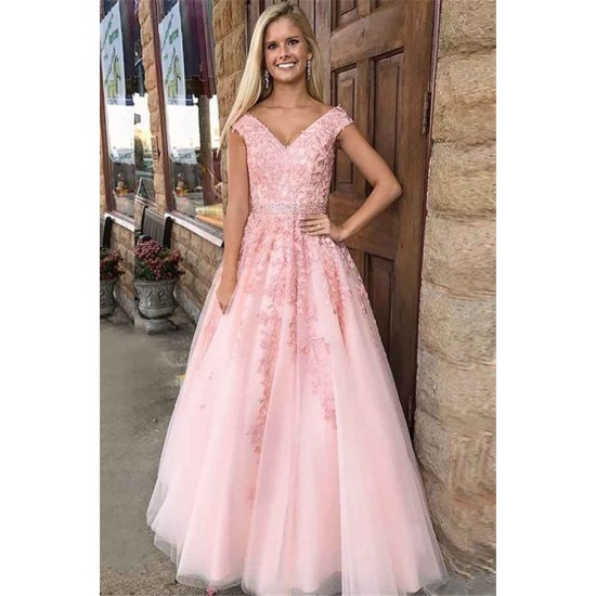 Amazing Pink Off-the-Shoulder Prom Dresses Applique Crystal Sleeveless Evening Dresses with Belt