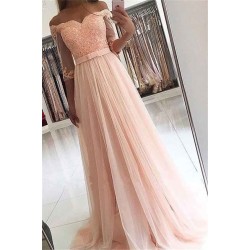 Alluring Side-Slit Elegant Lace V-Neck Black Tulle Long Sleevess Off-the-shoulder Evening Dresses