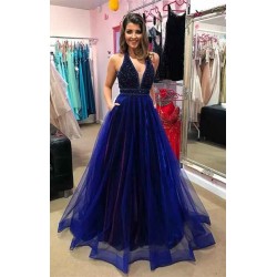 Elegant V-Neck Evening Dress Prom Party Gowns with Beadings