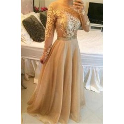 Off Shoulder Long Sleevess Sheer Prom Dresses A-line Crystals Chic Formal Evening Gowns