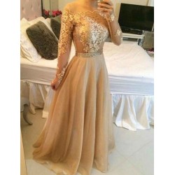 Off Shoulder Long Sleevess Sheer Prom Dresses A-line Crystals Chic Formal Evening Gowns