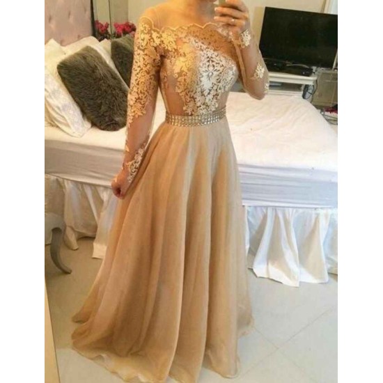 Off Shoulder Long Sleevess Sheer Prom Dresses A-line Crystals Chic Formal Evening Gowns