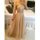 Off Shoulder Long Sleevess Sheer Prom Dresses A-line Crystals Chic Formal Evening Gowns