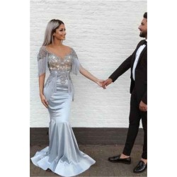 Elegant Mermaid Sky Blue Evening Gowns V-Neck Prom Dresses with Tassels