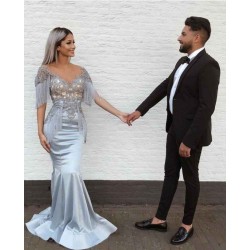 Elegant Mermaid Sky Blue Evening Gowns V-Neck Prom Dresses with Tassels