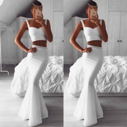 Gorgeous Two Pieces White Prom Party Gowns| Mermaid Beadings Evening Gowns On Sale