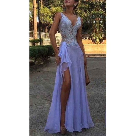 Chic See Through V-Neck Evening Dresses A-Line Sleeveless Lace Ball Dress