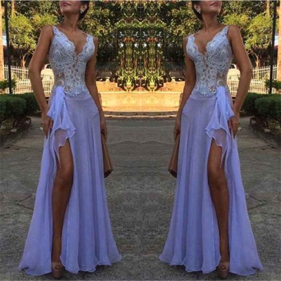 Chic See Through V-Neck Evening Dresses A-Line Sleeveless Lace Ball Dress