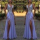 Chic See Through V-Neck Evening Dresses A-Line Sleeveless Lace Ball Dress