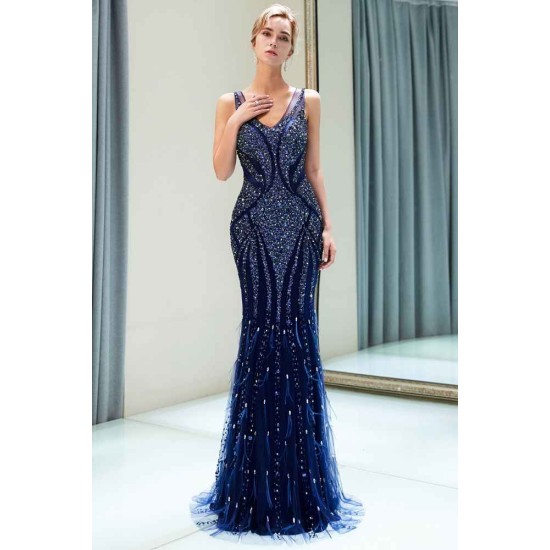MATHILDA Mermaid Sleeveless V-neck Sequins Pattern Long Evening Gowns