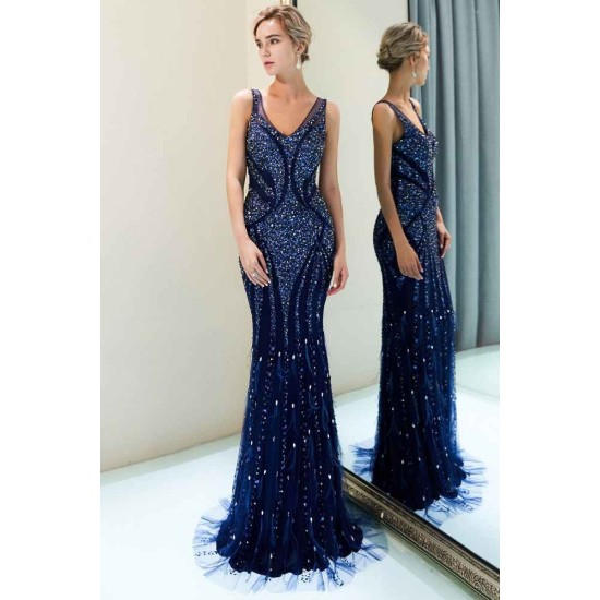 MATHILDA Mermaid Sleeveless V-neck Sequins Pattern Long Evening Gowns