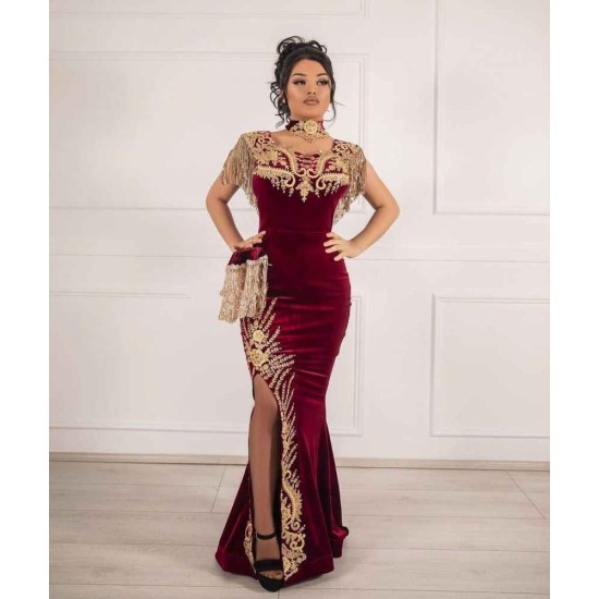 Sleeveless Velvet Burgundy Mermaid Prom Party GownsTassel Gold Appliques Evening Gown with Front Split