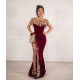Sleeveless Velvet Burgundy Mermaid Prom Party GownsTassel Gold Appliques Evening Gown with Front Split