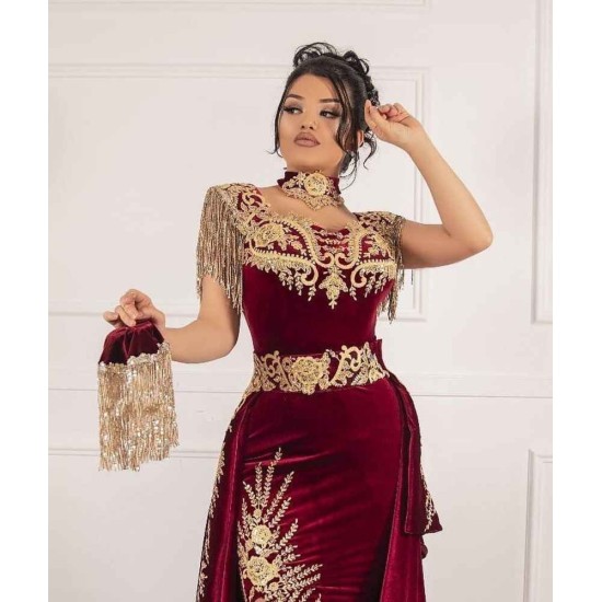 Sleeveless Velvet Burgundy Mermaid Prom Party GownsTassel Gold Appliques Evening Gown with Front Split