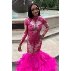 Long Sleeves Crystals Mermaid Evening Gowns Appliques Prom Party Gowns