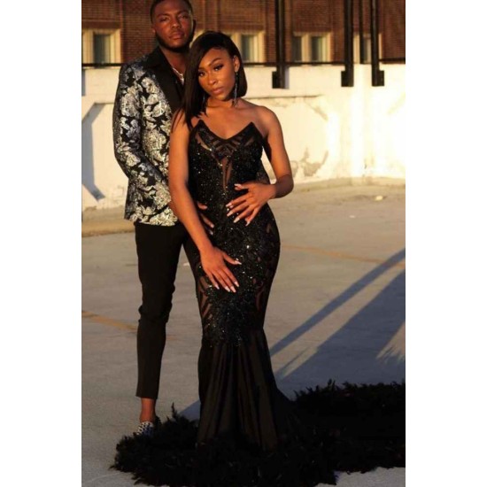 Black Chic Mermaid Prom Party GownsSweetheart Sequined Evening Dress