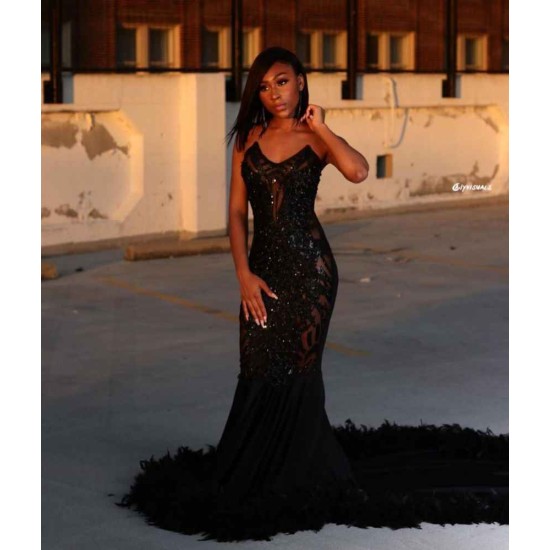 Black Chic Mermaid Prom Party GownsSweetheart Sequined Evening Dress