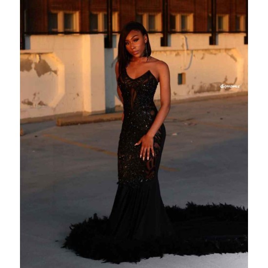 Black Chic Mermaid Prom Party GownsSweetheart Sequined Evening Dress