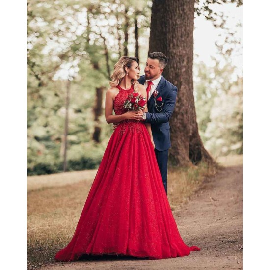 Red Halter Glitter A-lin Evening Gown Charming Sleeveless Floor Length Party Dress