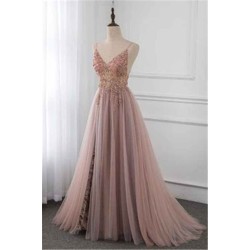 Sweetheart Crystal Prom Dresses Straps Spaghetti Tulle Evening Gown Split Side